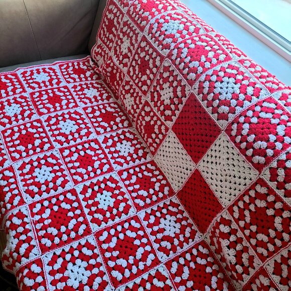 Hand Made Crochet Granny Square Throw Afghan Blanket with Red and White Colors. - Picture 3 of 6